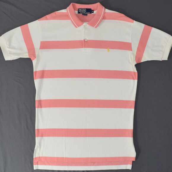 90s Polo Ralph Lauren Men's Iconic Polo Shirt Stripe Salmon Pink White Vintage M - Picture 13 of 13